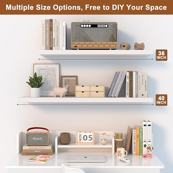 12 Inch Deep Floating Shelves for Wall 1 Pack White Floating Shelves Large Storage Space Wall Mount Shelf for Living Room Kitchen Bathroom 36" W x 12" D x 1.2" H White