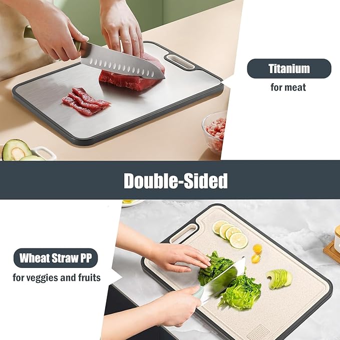Titanium Cutting Board for Kitchen – Large Double-Sided Food Grade Boards, 16”×11” Pure Titanium & Wheat Straw, Dishwasher Safe, Easy to Clean for Meat, Vegetables & Fruits