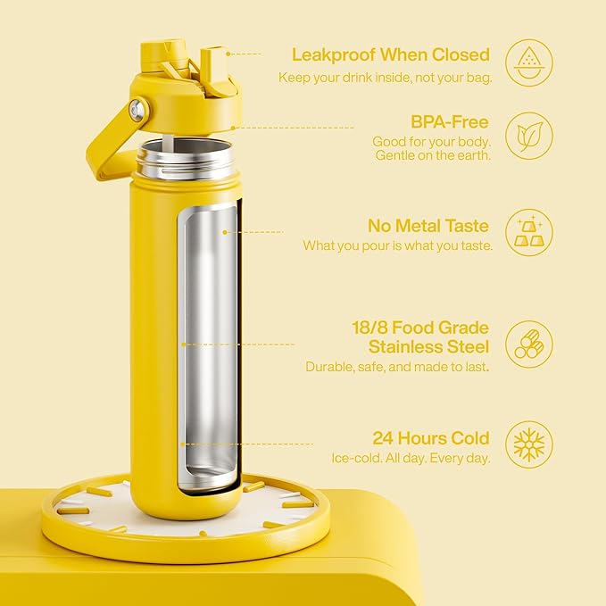 Insulated Water Bottle with Straw Stainless Steel Water Bottle, Leak-Proof, BPA-Free, Double Wall Vacuum Keeps Cold for 24 Hours for Sports, Travel, School (26 oz, Elfin Yellow)