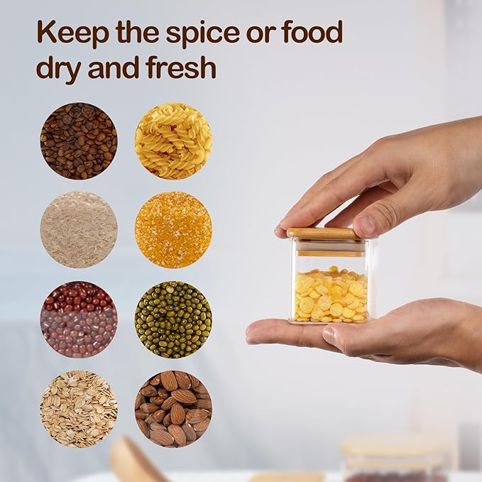 5oz Airtight Square Spice Containers with Bamboo Lid Set of 12 with Black Lables Storage Stackable Spice Jar, Kitchen Canister for Sugar, Tea, Flour, Salt and Seasonings (Clear Glass)
