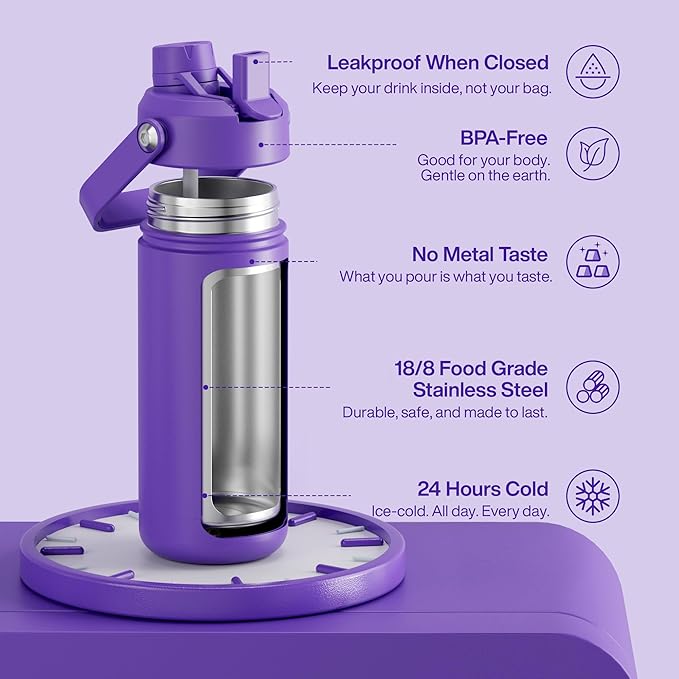 Insulated Water Bottle with Straw Stainless Steel Water Bottle, Leak-Proof, BPA-Free, Double Wall Vacuum Keeps Cold for 24 Hours for Sports, Travel, School (18 oz, Violet)