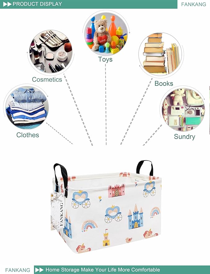 FANKANG Storage Bins, Nursery Hamper Canvas Laundry Basket Foldable with Waterproof PE Coating Large Storage Baskets for Kids Boys and Girls, Office, Bedroom, Clothes,Toys(Rec-castle carriage )
