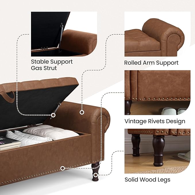 51" Storage Ottoman Bench for Bedroom, Full Queen Storage Bench with Button, Upholstered Bedroom Bench with Rolled Arms for Living Room, Storage Room, Entryway, Brown