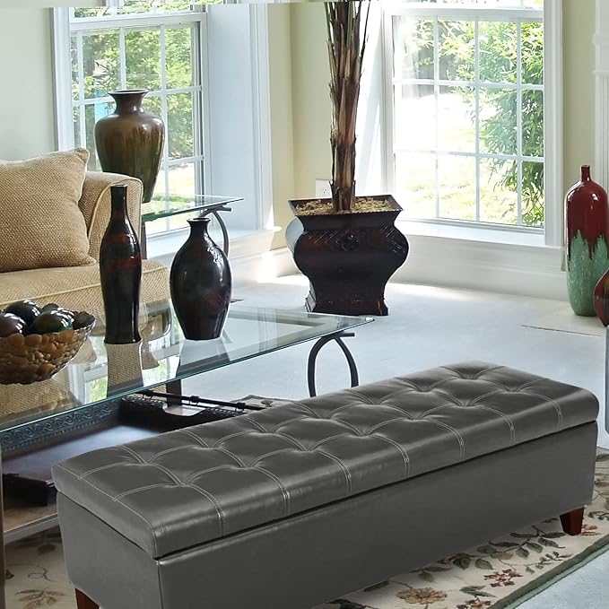 Joveco Storage Ottoman Bench, Tufted Leather 51 Inch Storage Bench for End of Bed Bedroom Living Room (51”, Dark Gray)