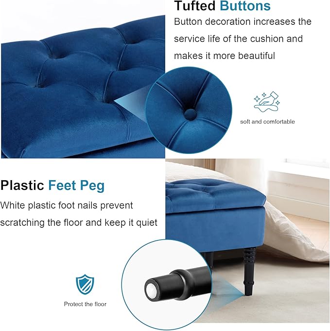 Ottoman with Storage Velvet Storage Bench Holds Up to 500 lbs Ottomans Upholstered Bench with Seating for Bedroom, Living Room, Blue
