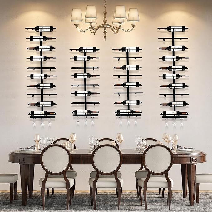 8 Bottle Wall Mount Wine Rack with Wine Glass Holder, Metal Wine Wall Rack, Wall Racks for Wine Bottles Display and Storage, Hanging Bottle Organizer for Living Dining Room Wine Cellar Bar (Black)
