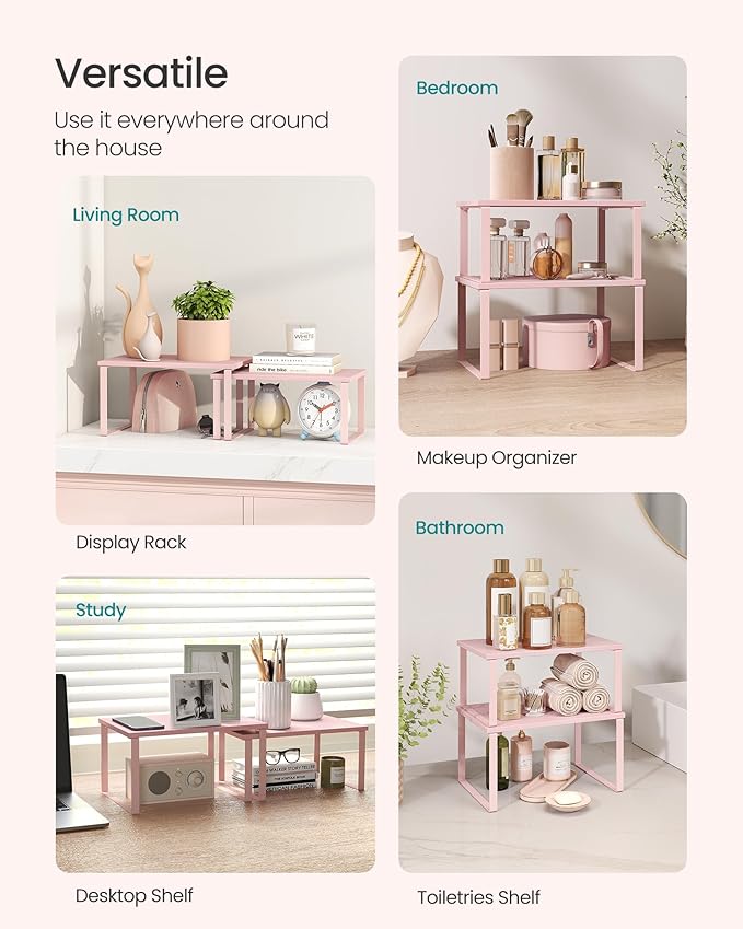 SONGMICS Cabinet Organizer Shelf, Set of 2 Kitchen Counter Shelves, Kitchen Storage, Spice Rack, Stackable, Expandable, Metal and Engineered Wood, Jelly Pink UKCS020S01