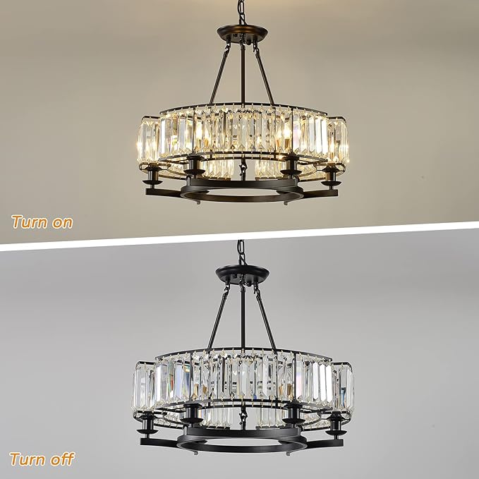 Vintage Crystal Chandelier Black 6 Lights Hanging Ceiling Light Fixture Iron Frame Pendant Lighting for Farmhouse Decoration Dining Table Living Room