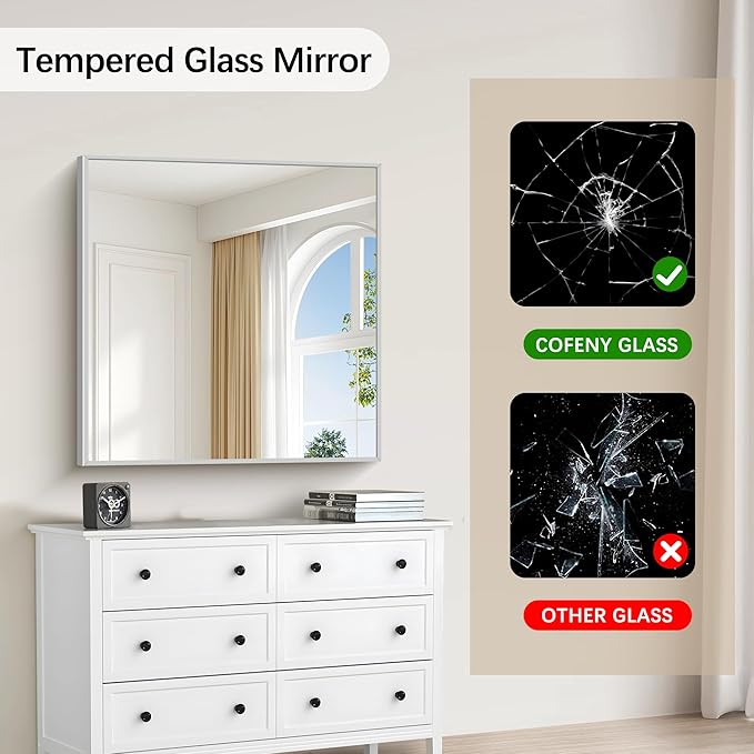 Silver Bathroom Mirror for Wall, 30x30 Inch Rectangle Mirrors with Metal Frame, Modern Vanity Wall Mirror Decor for Bathroom Living Room, Entryway Hangs Horizontal or Vertical