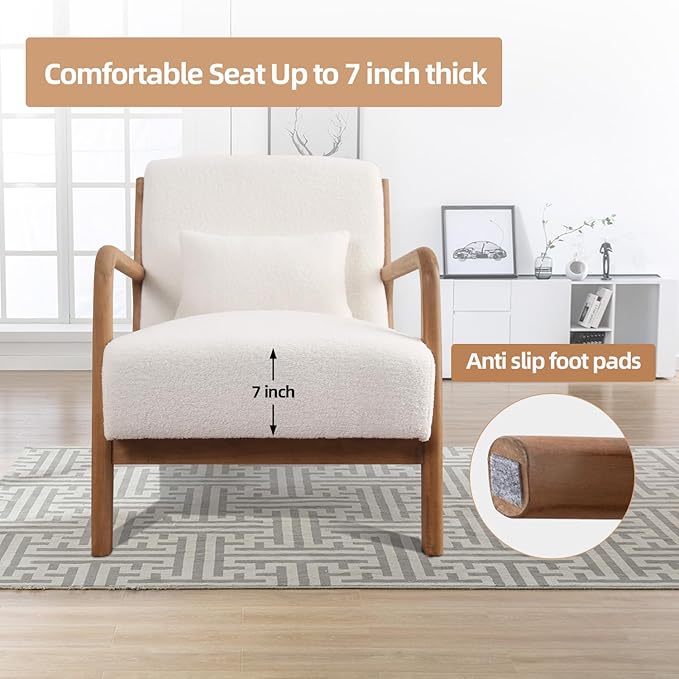 INZOY Mid Century Modern Accent Chair Set of 2, Lamb Wool Fabric Living Room Chairs with Waist Cushion, Upholstered Reading Armchair for Bedroom Sunroom