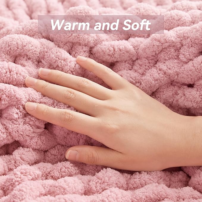 Chunky Knit Throw Blanket, 50''*60'' Knitted Throw Chenille Yarn for Bed Couch, Handmade Light Pink Crochet Big Thick Blanket, Machine Washable Cute Comfy Blanket for Home Decor