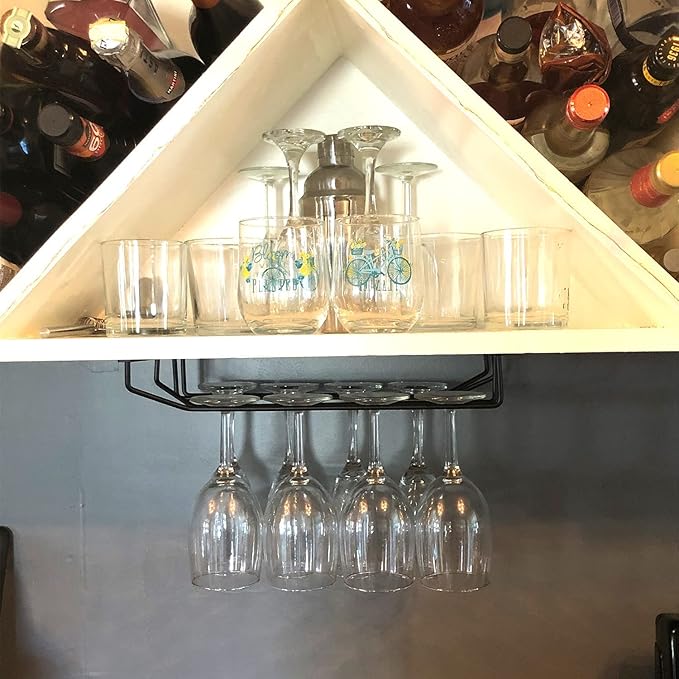 14-Inch Black Wine Glass Rack, Under Cabinet Wine Glass Holder, Stemware Rack, Hanging Stemware Holder, Set of 2