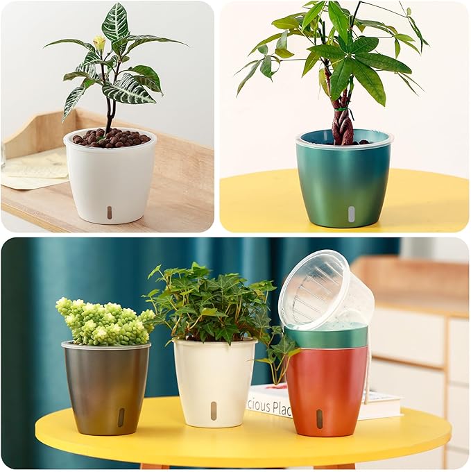 Self Watering Pots for Indoor Plants, 6-Pack 5'' Self Watering Planter with Drainage Holes, Small African Violet Pots with Water Indicator, Clear Wick Orchid Pot, Blue Gold