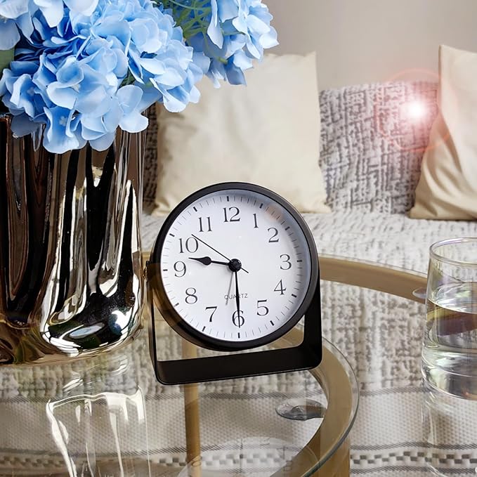 Small Desk Analog Alarm Clock Battery Powered Mini Metal Nightstand Shelf Clock with Light Side Table Decor Mid Century Cute Alarm Clock for Heavy Sleepers Bedrooms Desktop Living Room Bathroom