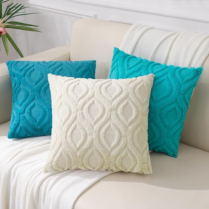 decorUhome Fall Throw Pillow Covers 24x24 Inch Set of 2, Soft Plush Decorative Faux Fur Turquoise Solid Couch Pillow Covers, Accent Farmhouse Neutral Square Euro Pillow Cases for Sofa Bed Living Room