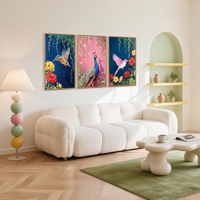 Aurlan Colorful Birds Flowers Framed Wall Art(16"x24"), 3PCS Large Classic Elegance Hummingbird Peacock Canvas Artwork, Vintage Abstract Watercolor Peony Floral Willow Decor for Home Office Bedroom