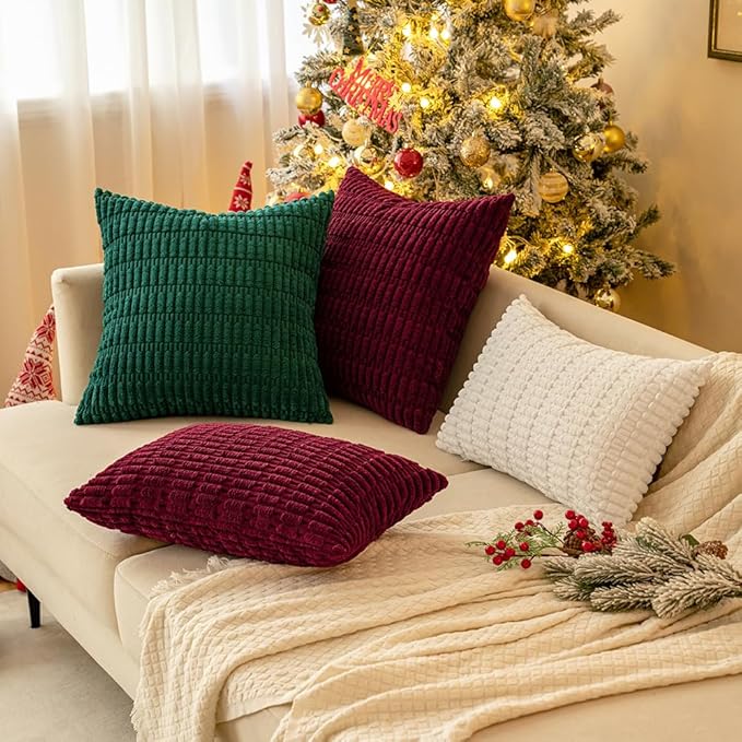 MIULEE Pack of 2 Christmas Burgundy Corduroy Decorative Pillow Covers 18x18 Inch Soft Boho Striped Throw Pillow Covers Modern Farmhouse Home Decor for Sofa Living Room Couch Bed