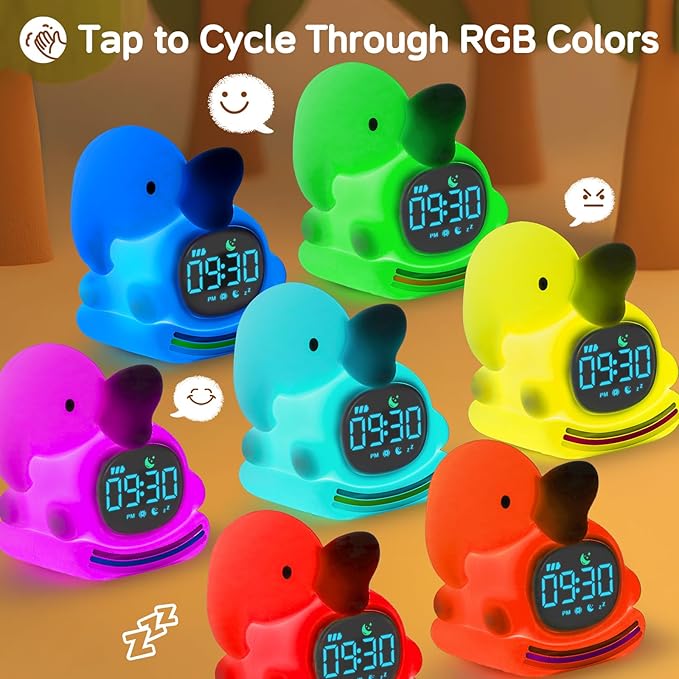 Alarm Clock for Kids with Night Light, Sleep Training Clock Time to Wake Clock, Rechargeable Silicone Light for Bedroom, Perfect Sleep Companion for Boys Girls,Blue Elephant