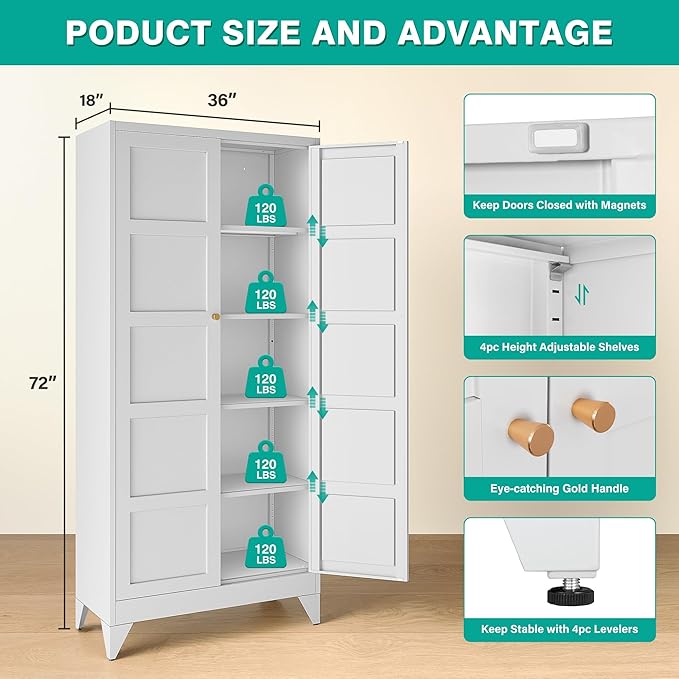 Wide & Deep Metal Storage Cabinet with 2 Doors and 5 Shelves,72 inch Tall Pantry Storage Cabinet,Large Cupboard Closet,White Cabinets for Home,Kitchen,Bathroom,Dining/Living Room