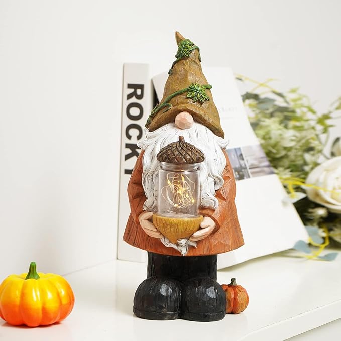 Topadorn Fall Garden Gnome Statue Light, Autumn Harvest Gnome Figurine with Pine Cone on Hand for Fall Harvest Party Thanks, Autumn Thanksgving Gifts for Famliy