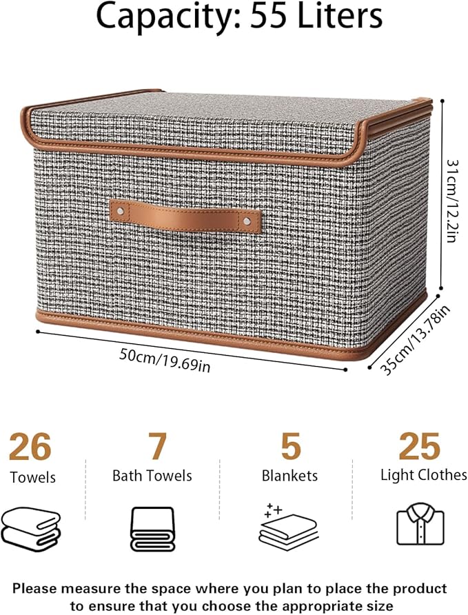 Tuza 4 Pack Storage Bins with Lids, Collapsible Closet Organizer Container, Fabric Organizer Box with Handles, Decorative Storage Boxes with Lids for Organizing Clothes, Sheet, Light Grey, Extra Large