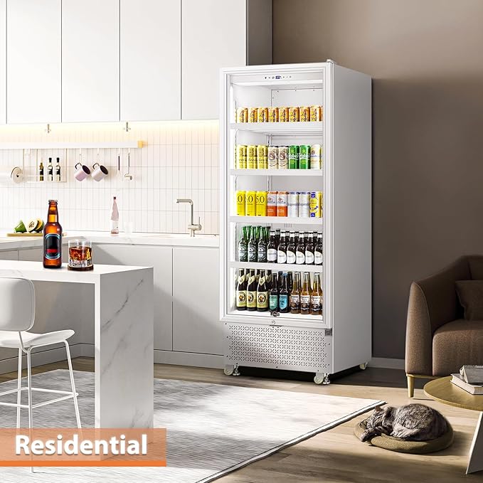Tylza Commercial Refrigerator with Glass Door Display Beverage Fridge, 14.8 Cu Ft Upright Beverage Cooler Merchandiser with Rebound Door, Low Noise, Fast Cooling, White