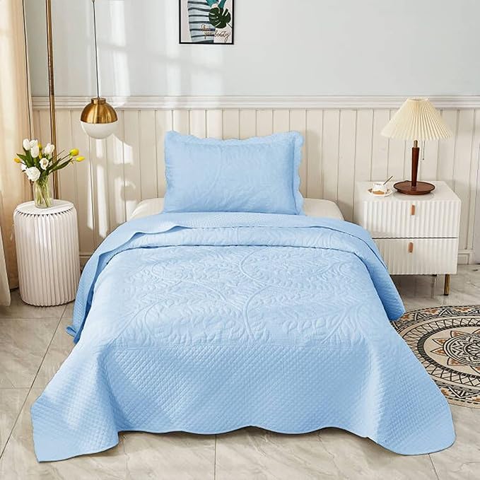 MarCielo 3-Piece 100% Cotton Oversized Bedspread Lightweight Quilt Coverlet Embroidery Farmhouse Bedding Set T0 (Light Blue, Twin (68"x86"))
