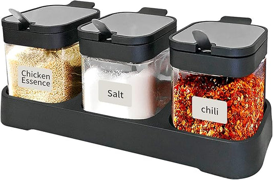 XIUDI Glass Spice Jars(3 piecesset),Seasoning Containers with 304 Stainless Steel Lids and Spoons,Clear Glass Condiment Canisters Pots Seasoning Box Salt Container Sugar Bowl,for Kitchen,