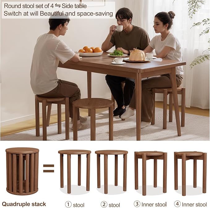 Stackable Stools Set of 4,4-in-1 Wood Stool,Round Wooden Stools with Anti-Slip Foot Pads for Kitchen,Bedroom,Living Room,Bar,No Assembly Required Durable and Space-Saving Design,18 inch (Walnut)