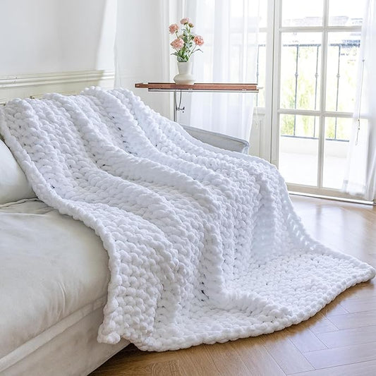 Chunky Knit Blanket - Luxury Soft Cozy 60 * 80 Throw Blanket,100% Woven Blanket Rope Knot Throw Blanket for Couch, Sofa, Home Decor, Gift - Machine Washable(White)