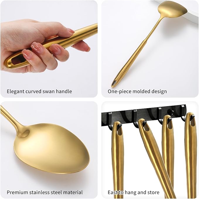 304 Stainless Steel Cooking Utensils,6 Pcs Kitchen Cooking Utensils Set with Spatula, Solid Spoon, Ladle, Skimmer, Spaghetti Spoon,Dishwasher Safe(Gold)