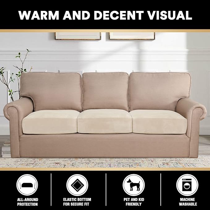 PrinceDeco Stretch Sofa Cushion Covers for Couches and Sofas,Soft Velvet Couch Seat Covers, Sofa Covers Washable, Seat Cushion Cover for 3 Couch Sofa Pet Friendly - Ivory, Each Width Up to 29.5"