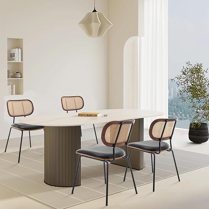 Rattan Dining Chairs Set of 2, Mid Century Modern Dining Chairs with Cane Back for Kitchen Dining Room, 19 Inch Faux Leather Black