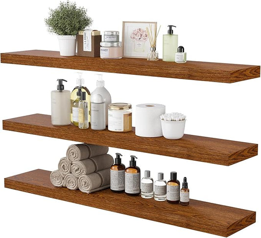 BAMEOS Floating Shelves, American Oak Wall Mounted Wooden Shelves with Invisible Brackets Set of 3, Hanging Wall Shelves Decoration for Bedroom, Bathroom, Living Room and Kitchen