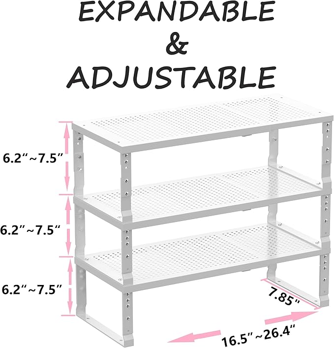 Metal Stackable Expandable Storage Shelf - Multi-Functional Home Storage Shelf, Suitable for Kitchen, Cabinet,Bathroom, Office, Garage, etc.(3PACKS/White/Medium