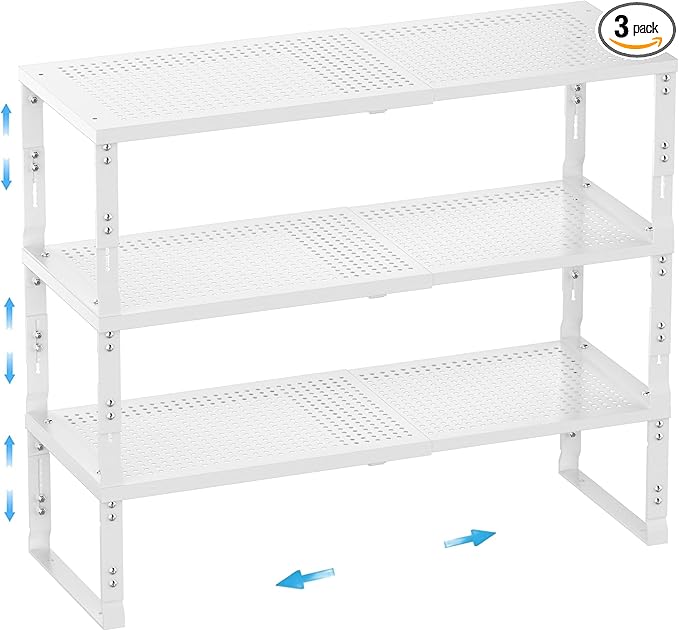 Expandable Spice Rack,Stackable Storage for Cabinet, Multi-Functional Kitchen Shelving,Height-Adjustable,Sustainable Organizer Solution(3Packs/White/Large)