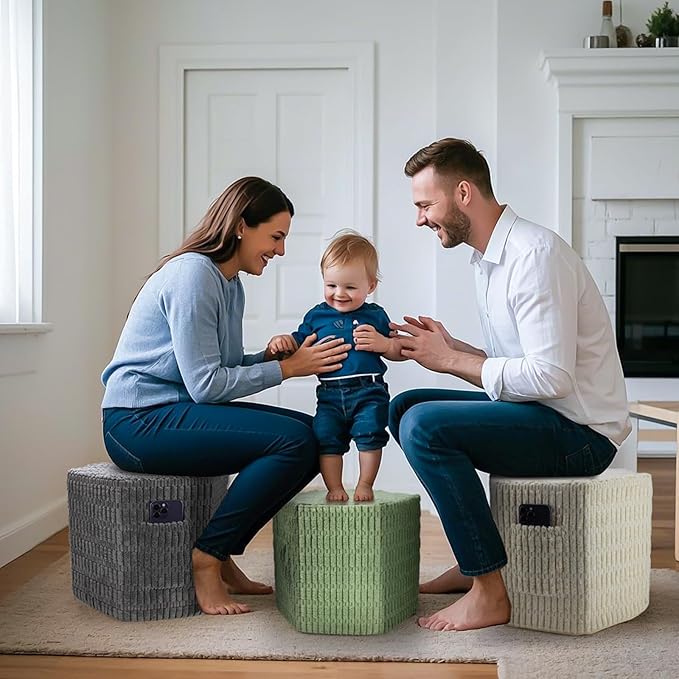 Hexagon Pouf Ottoman Stuffed with 2 Pockets & Handle, Comfort Corduroy Poufs, Non-Slip Foot Stool Storage Ottoman, Foam Floor Poufs Foot Rest for Couch, Bedroom (Beige)