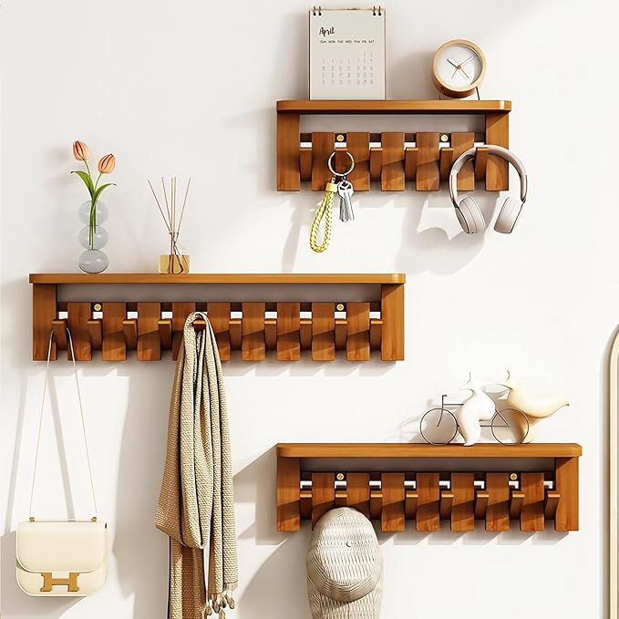 Wall Mounted Piano Key Hanger | Flip Style Hook | Entrance Wall Art Hook, Made of Oak Wood (3 Times Painted, 4 Times Polished) (Tray Walnut, 10Hooks)