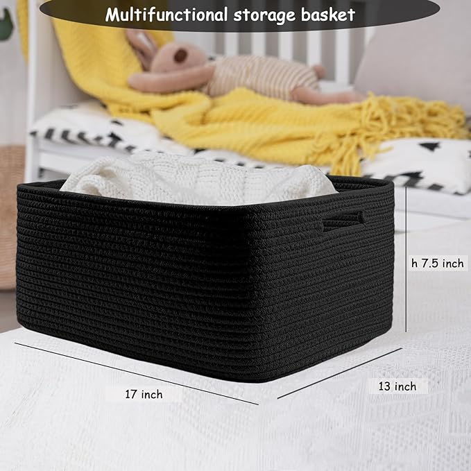 COMFY-HOMI Cotton Rope Woven Basket with Handles for Shelves,Toys,Book, Cloth Storage Baskets for Organizing-17" x 13" x 7.5" Toy Decorative Organizer for Living Room, Bathroom (all black)