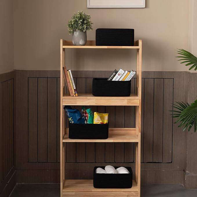 4 Pack Small Storage Shelf Baskets for Organizing, Mini Woven Rope Storage Bins for Towels, Cute Decorative Closet Organizer,Baby Nursery, Gift Empty Baskets -13''Lx8.66''Wx5.11''H-Black