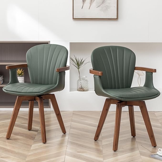 LUNLING Swivel Dining Room Chairs Set of 2, Mid Century Modern Green Faux Leather Kitchen Chairs with Arms,Bamboo Legs Side Chairs No Wheels,Accent Chair for Dining Rooms and Offices