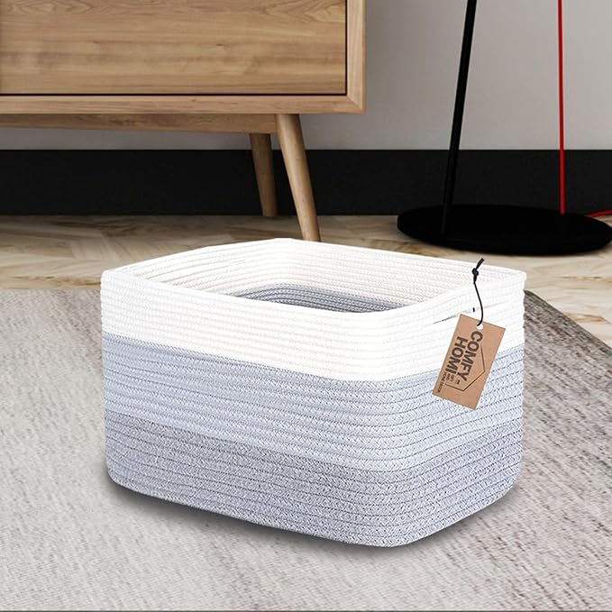 COMFY-HOMI 3PACK Cotton Rope Woven Basket With Handles for Shelves, Toy, Book, Cloth Storage Basket for Organizing|13.5" x 11" x 9.5" Decorative Nursery Cube Bin for Living Room(White / 3-Tone Grey)