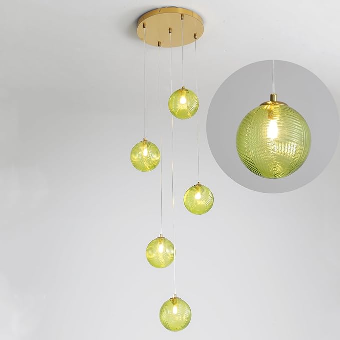 5-Light Chandelier, Globe Green Glass Flush Mount Pendant Light,15W Ceiling Hanging Light for Staircase Foyer Entryway Living Room Hotel Kitchen Island(3000K,G9 Bulbs Include)