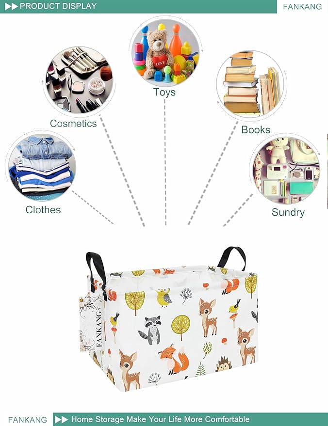 FANKANG Storage Bins, Nursery Hamper Canvas Laundry Basket Foldable with Waterproof PE Coating Large Storage Baskets for Kids Boys and Girls, Office, Bedroom, Clothes,Toys(Rec-deer)