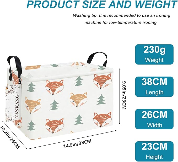 FANKANG Storage Bins, Nursery Hamper Canvas Laundry Basket Foldable with Waterproof PE Coating Large Storage Baskets for Kids Boys and Girls, Office, Bedroom, Clothes,Toys(Rec-Fox )