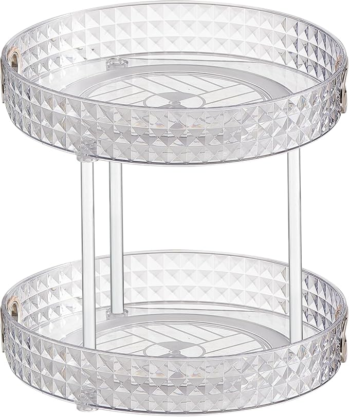 Wesoke 2 Tier Lazy Susan Turntable Cupboard Organiser, Large Rotating Kitchen Spice Rack Spinning Condiment Seasoning Organizer, Detachable Revolving Bathroom Makeup Tray Holder for Cabinet Fridge