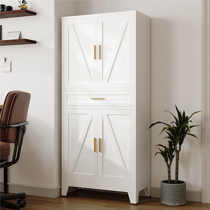 71 "Farmhouse Metal Filing Cabinet with a Drawer and 4 Adjustable Shelves, with 4 Large barn Door White Kitchen Cabinets, Metal Food Cabinets for Home, Kitchen, Dining/Living Room (White)