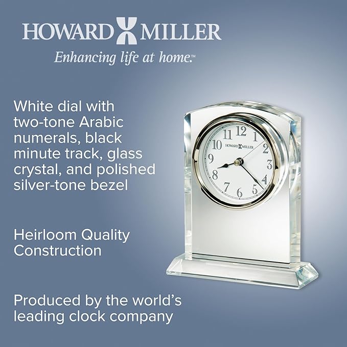 Howard Miller Flaire Tabletop Clock II, Battery Operated Antique Analog Display Desk Clock, Glass Crystal Shelf Clock for Office Decor Home Decor Living Room Decor, House Warming Gifts