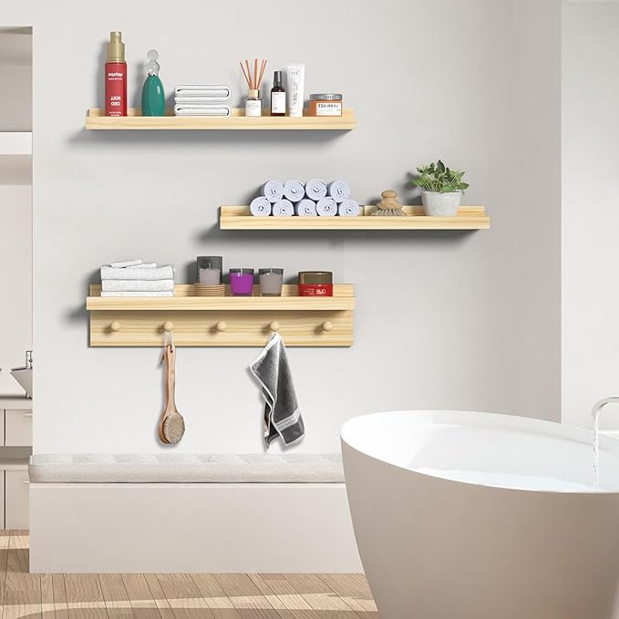 MBYD Natural Wood Floating Shelves, Unfinished Wood Picture Ledge, 24 Inch Picture Ledge for Kids Room, Floating Nursery Book Shelf with Hooks for Living Room, Kitchen, Bathroom