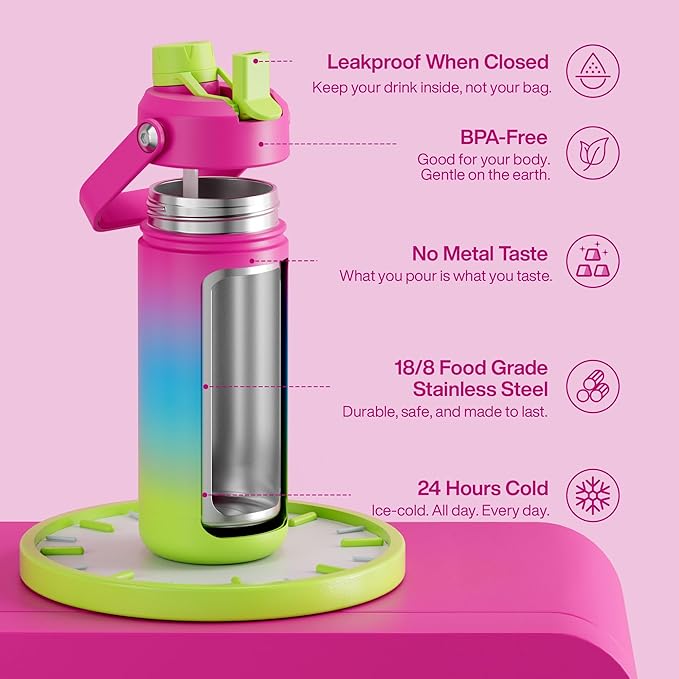 Insulated Water Bottle with Straw Stainless Steel Water Bottle, Leak-Proof, BPA-Free, Double Wall Vacuum Keeps Cold for 24 Hours for Sports, Travel, School (18 oz, Lime Sorbet)